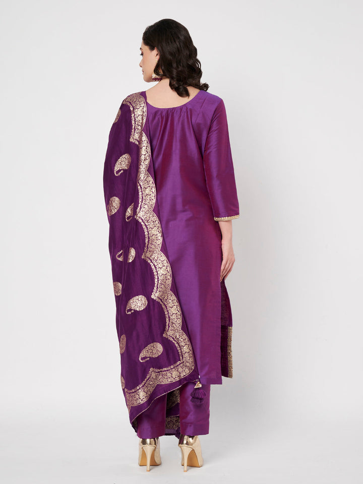 anokherang Combos Regal Purple Silk Kurti with Pants and Weaved Dupatta