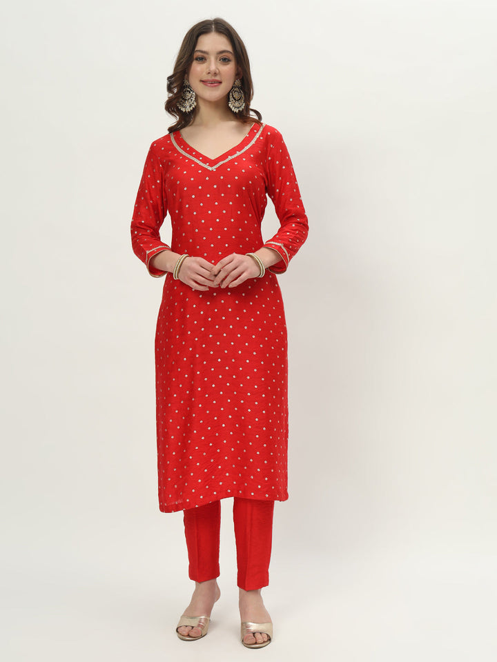 anokherang Combos Rich Red Chanderi Straight Kurti with Pants