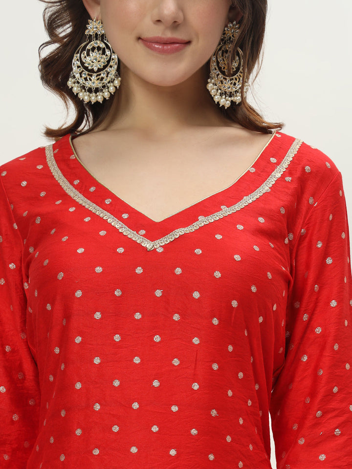 anokherang Combos Rich Red Chanderi Straight Kurti with Pants