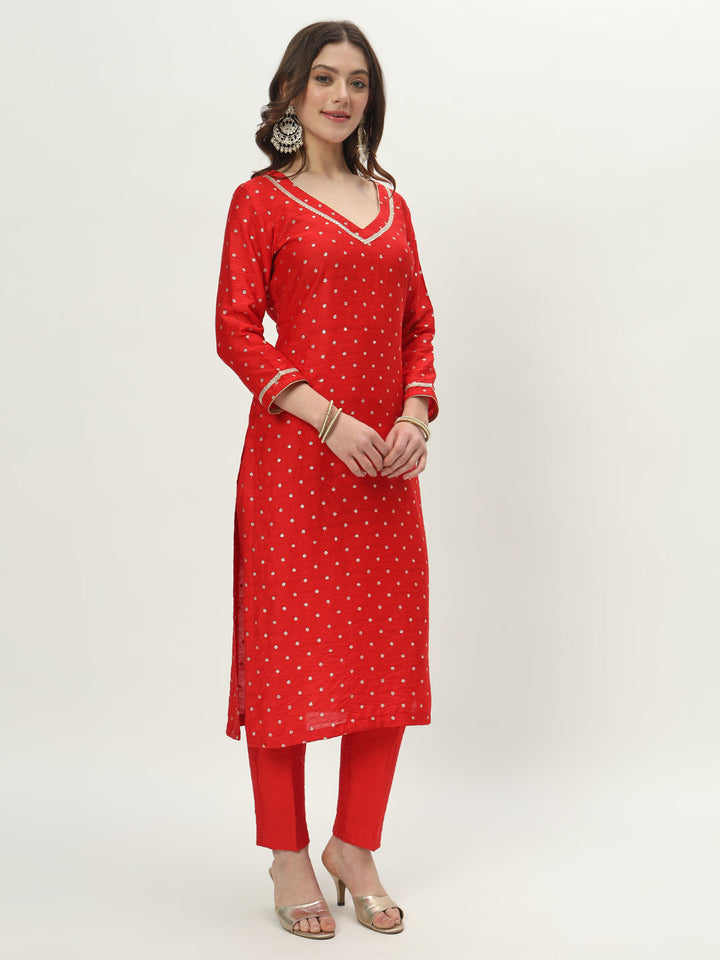 anokherang Combos Rich Red Chanderi Straight Kurti with Pants