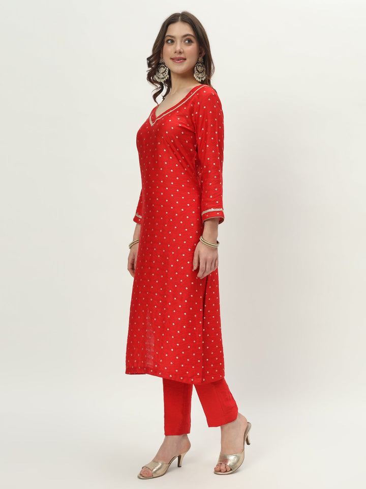 anokherang Combos Rich Red Chanderi Straight Kurti with Pants