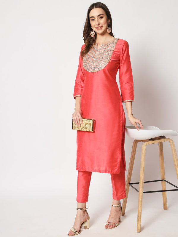 anokherang Combos Rose Embroidered Straight Kurti with Straight Pants