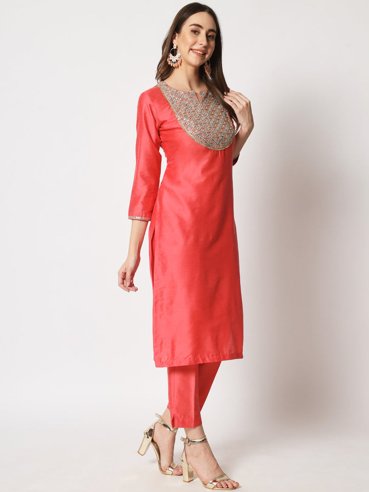 anokherang Combos Rose Embroidered Straight Kurti with Straight Pants