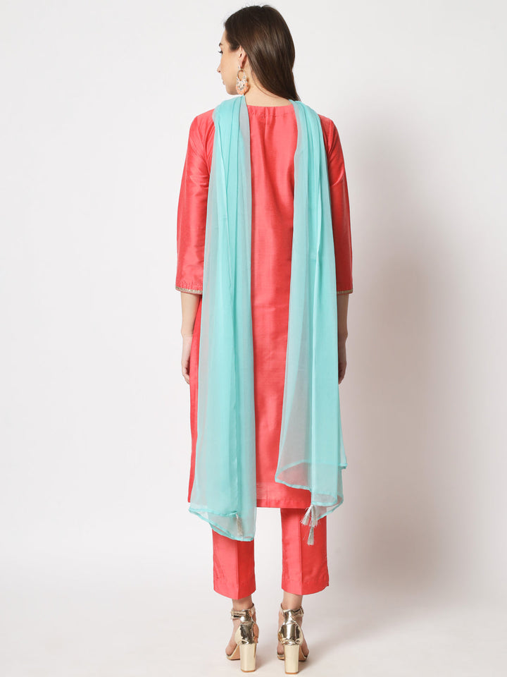 anokherang Combos Rose Embroidered Straight Kurti with Straight Pants and Dupatta