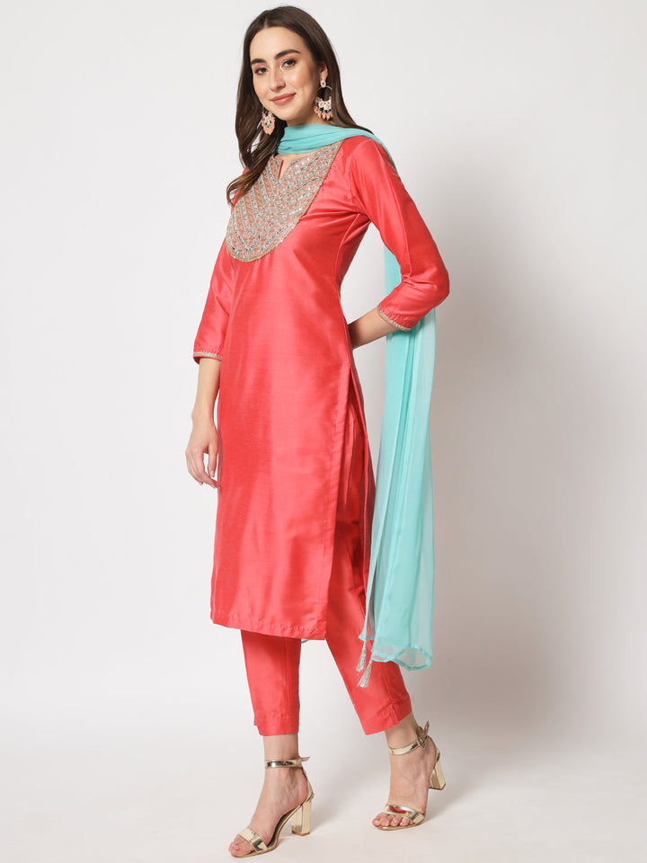 anokherang Combos Rose Embroidered Straight Kurti with Straight Pants and Dupatta