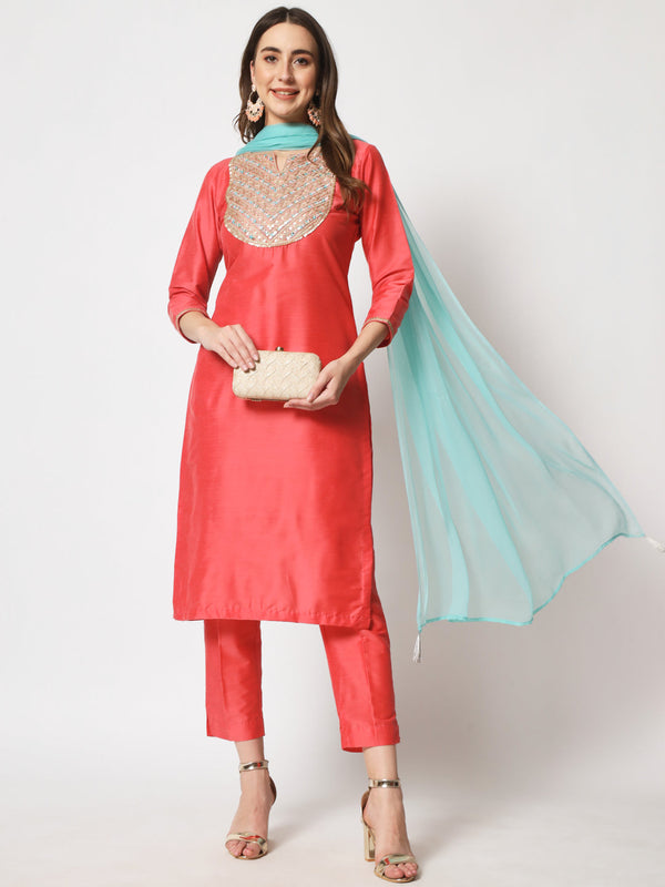 anokherang Combos Rose Embroidered Straight Kurti with Straight Pants and Dupatta