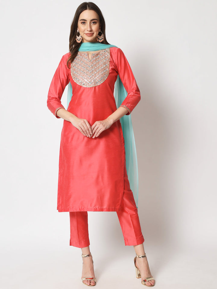 anokherang Combos Rose Embroidered Straight Kurti with Straight Pants and Dupatta