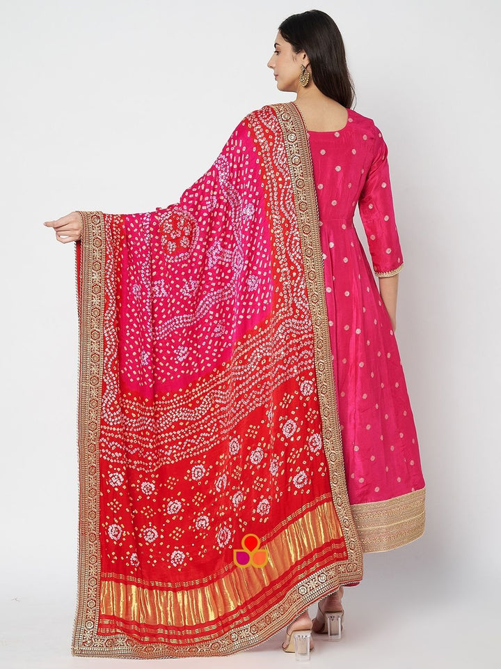 anokherang Combos Rose Pink Silk Anarkali with Straight Pants and Red Silk Bandhani Mukaish Dupatta