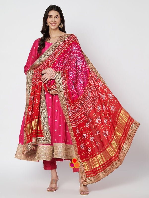 anokherang Combos Rose Pink Silk Anarkali with Straight Pants and Red Silk Bandhani Mukaish Dupatta
