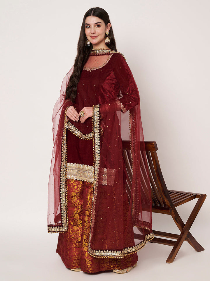 anokherang Combos Royal Maroon Velvet  Short Kurti with Brocade Palazzo and Net Dupatta