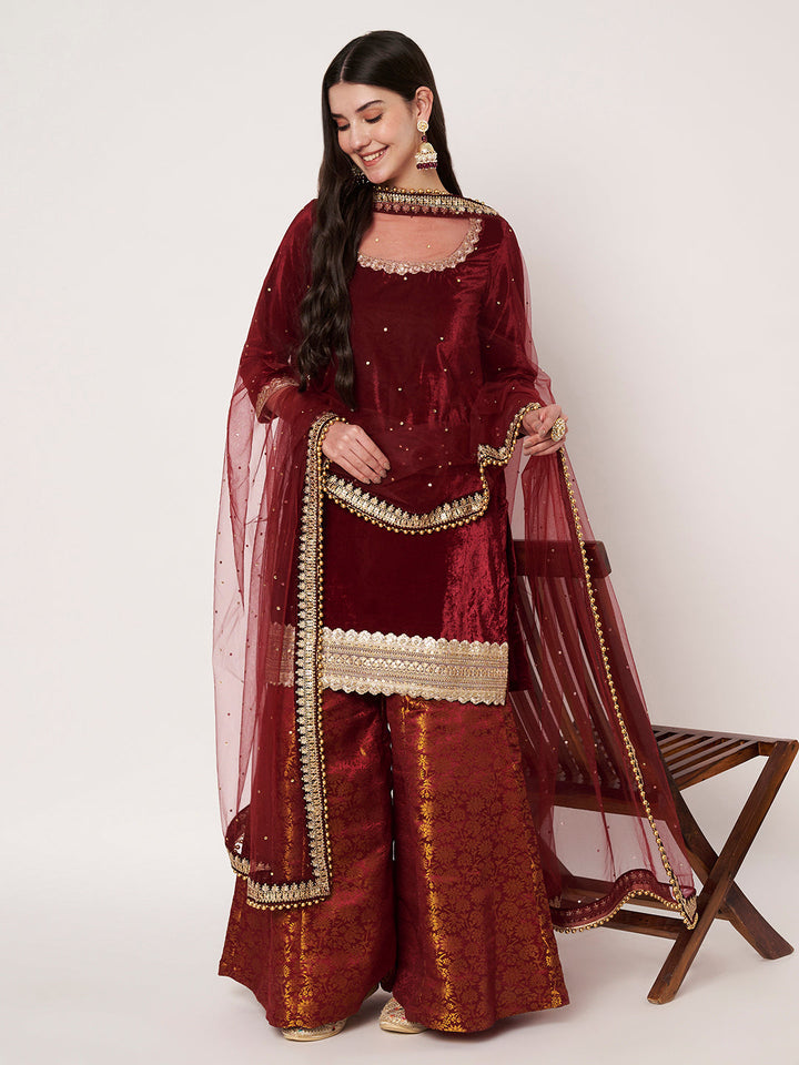 anokherang Combos Royal Maroon Velvet  Short Kurti with Brocade Palazzo and Net Dupatta