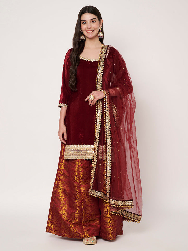 anokherang Combos Royal Maroon Velvet  Short Kurti with Brocade Palazzo and Net Dupatta