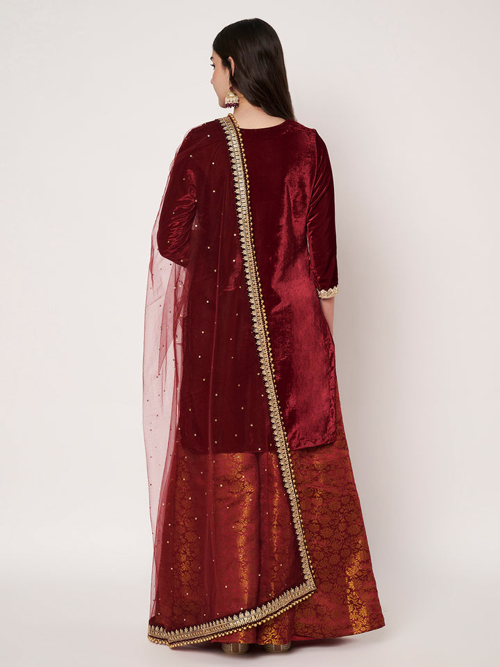 anokherang Combos Royal Maroon Velvet  Short Kurti with Brocade Palazzo and Net Dupatta