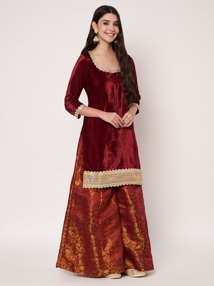 anokherang Combos Royal Maroon Velvet  Short Kurti with Brocade Palazzo and Net Dupatta