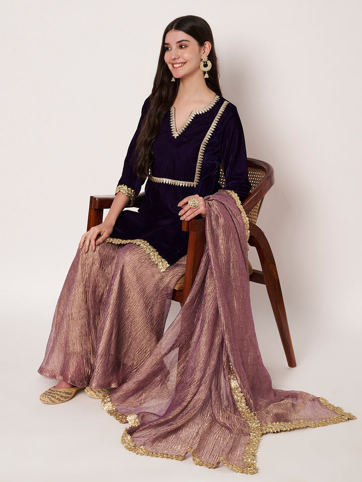 anokherang Combos Royal Orchid Velvet  Short Kurti with Sharara and Organza Dupatta