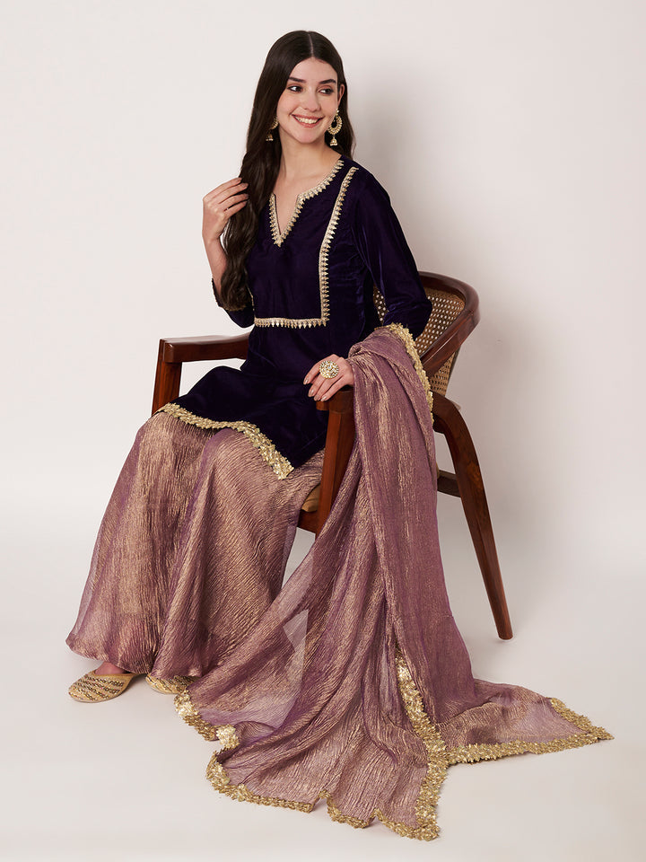 anokherang Combos Royal Orchid Velvet  Short Kurti with Sharara and Organza Dupatta