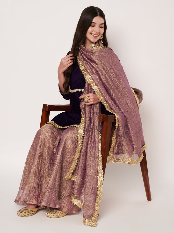 anokherang Combos Royal Orchid Velvet  Short Kurti with Sharara and Organza Dupatta