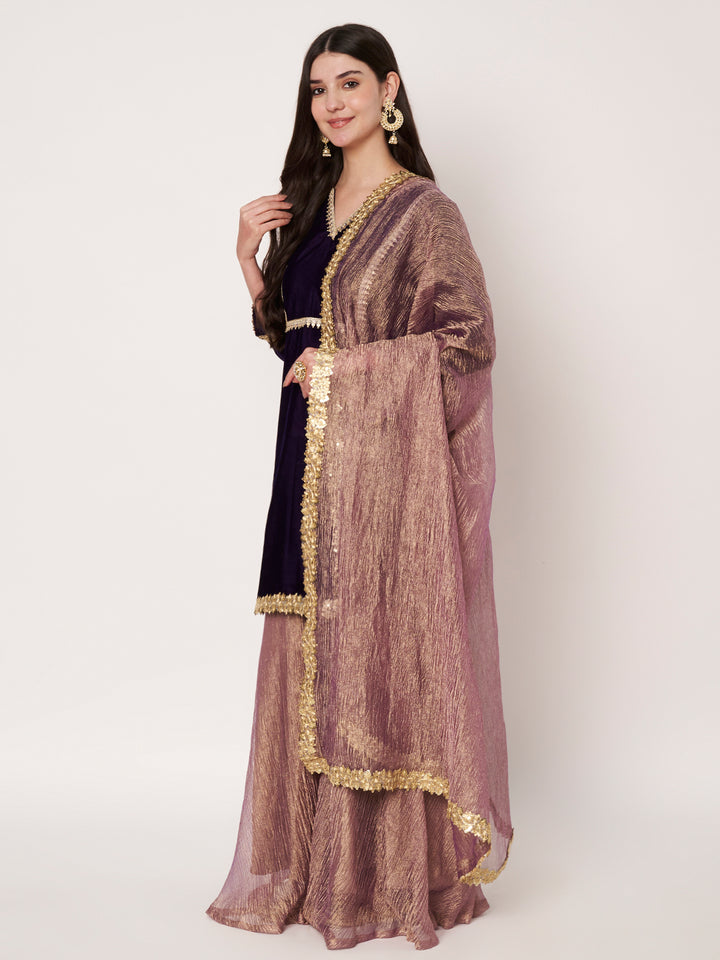 anokherang Combos Royal Orchid Velvet  Short Kurti with Sharara and Organza Dupatta