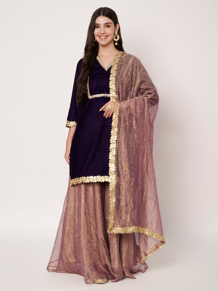 anokherang Combos Royal Orchid Velvet  Short Kurti with Sharara and Organza Dupatta