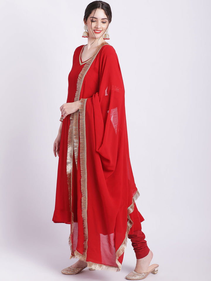 anokherang Combos Ruby Woo Georgette Border Anarkali with Churidar and Fringes Dupatta