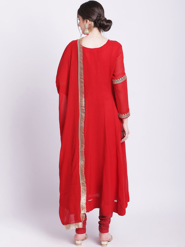 anokherang Combos Ruby Woo Georgette Border Anarkali with Churidar and Fringes Dupatta