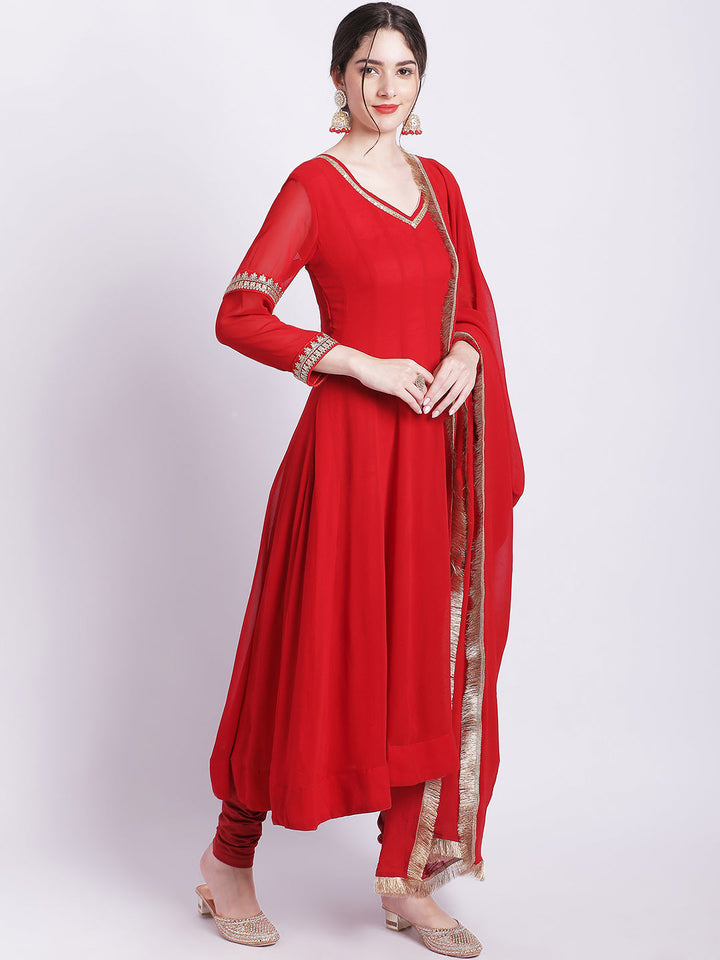 anokherang Combos Ruby Woo Georgette Border Anarkali with Churidar and Fringes Dupatta