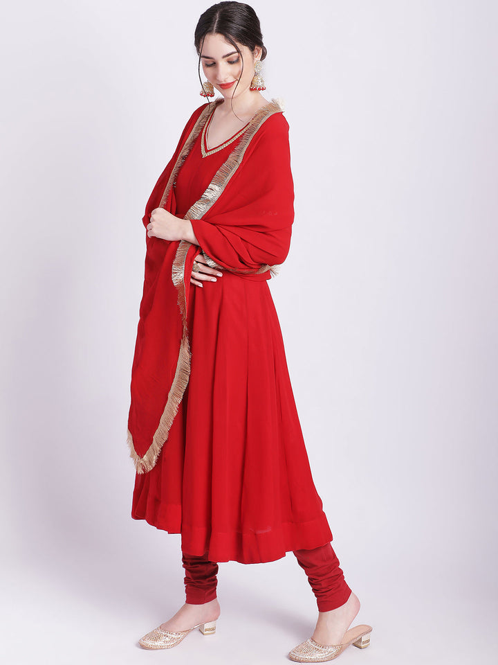 anokherang Combos Ruby Woo Georgette Border Anarkali with Churidar and Fringes Dupatta