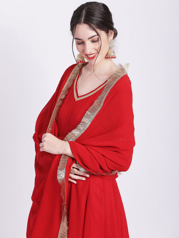 anokherang Combos Ruby Woo Georgette Border Anarkali with Churidar and Fringes Dupatta