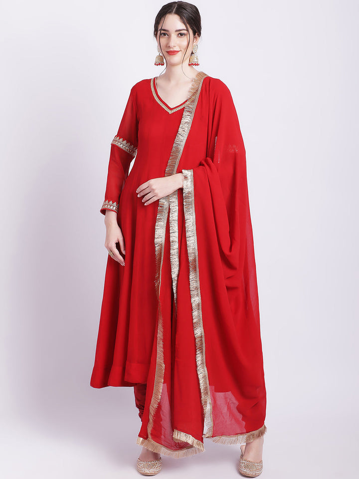 anokherang Combos Ruby Woo Georgette Border Anarkali with Churidar and Fringes Dupatta