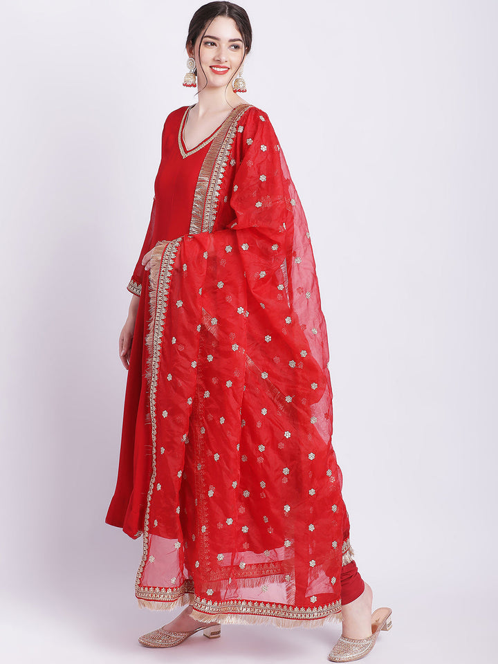 anokherang Combos Ruby Woo Georgette Border Anarkali with Churidar and Organza Dupatta