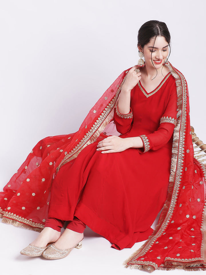 anokherang Combos Ruby Woo Georgette Border Anarkali with Churidar and Organza Dupatta