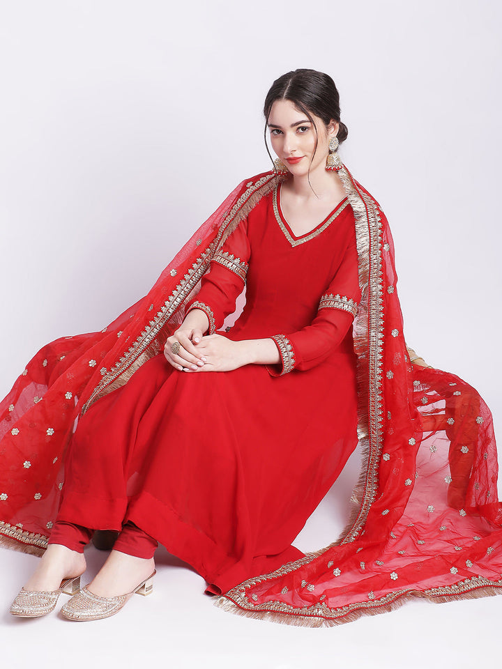 anokherang Combos Ruby Woo Georgette Border Anarkali with Churidar and Organza Dupatta