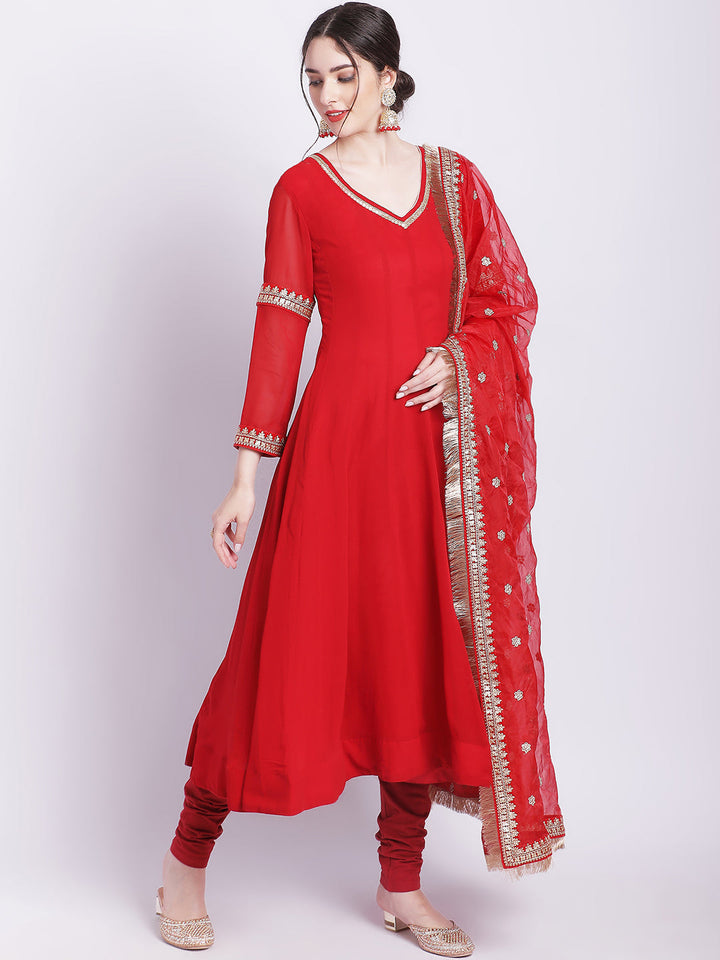 anokherang Combos Ruby Woo Georgette Border Anarkali with Churidar and Organza Dupatta