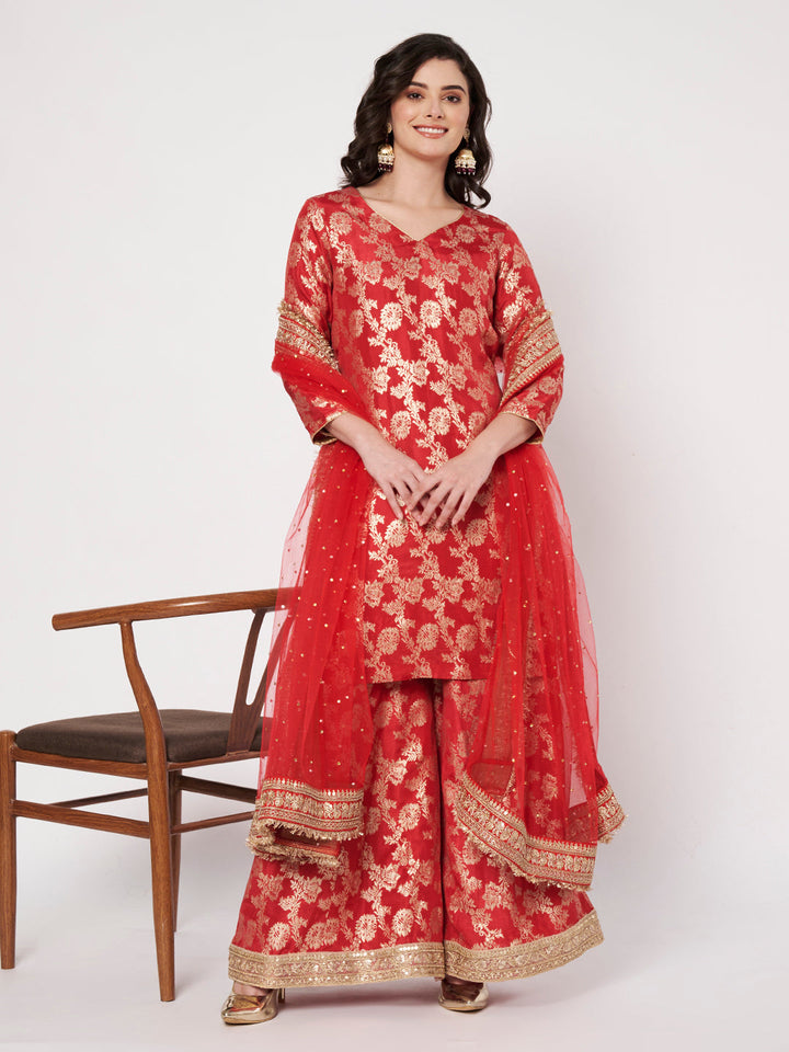 anokherang Combos Ruhaani Red Short Kurti with Palazzo with Bridal Stone Work Dupatta