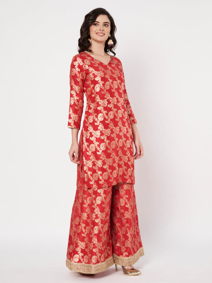 anokherang Combos Ruhaani Red Short Kurti with Palazzo with Bridal Stone Work Dupatta
