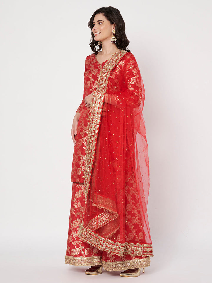 anokherang Combos Ruhaani Red Short Kurti with Palazzo with Bridal Stone Work Dupatta
