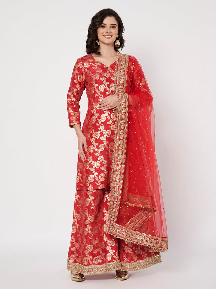 anokherang Combos Ruhaani Red Short Kurti with Palazzo with Bridal Stone Work Dupatta