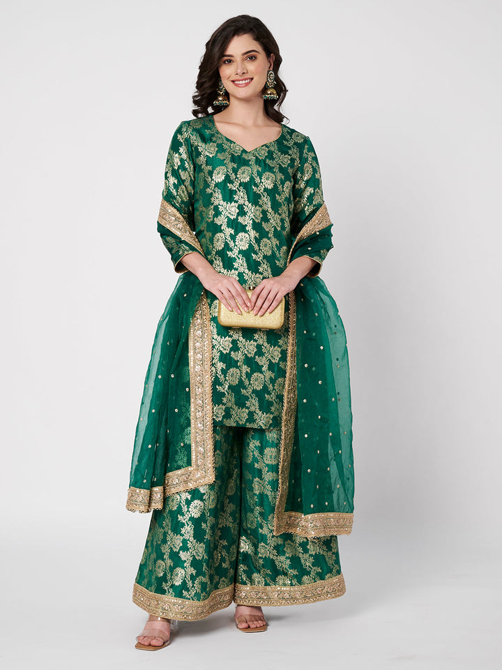 anokherang Combos Ruhani Green Silk Short Kurti with Palazzo with Sequin Organza Dupatta