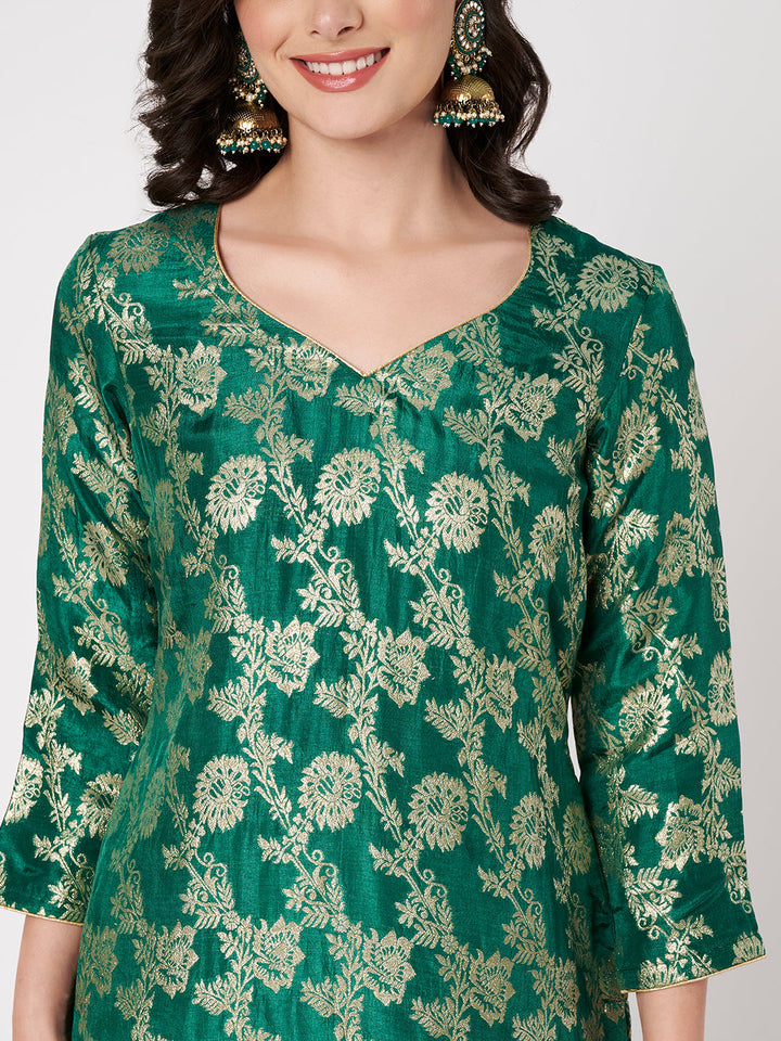 anokherang Combos Ruhani Green Silk Short Kurti with Palazzo with Sequin Organza Dupatta