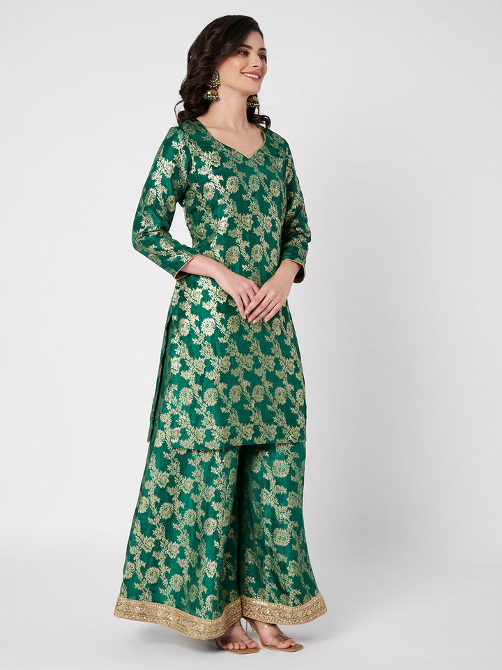 anokherang Combos Ruhani Green Silk Short Kurti with Palazzo with Sequin Organza Dupatta