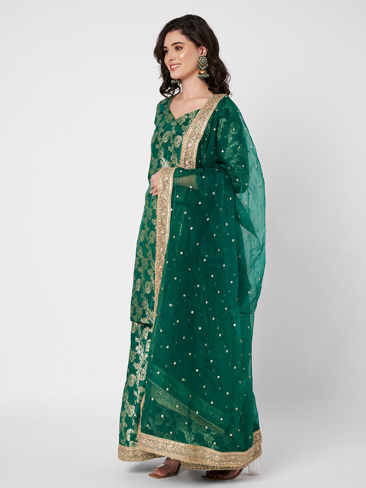 anokherang Combos Ruhani Green Silk Short Kurti with Palazzo with Sequin Organza Dupatta
