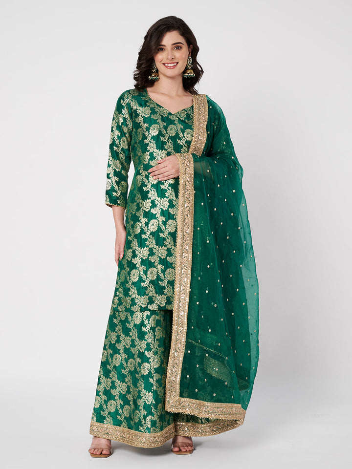 anokherang Combos Ruhani Green Silk Short Kurti with Palazzo with Sequin Organza Dupatta