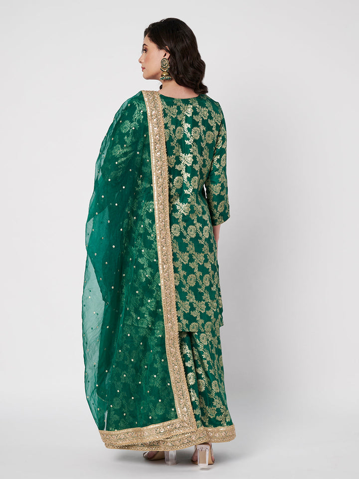 anokherang Combos Ruhani Green Silk Short Kurti with Palazzo with Sequin Organza Dupatta