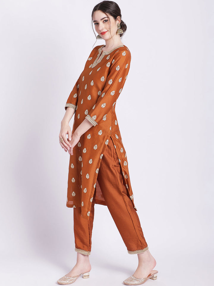 anokherang Combos Rust Elite Straight Silk Kurti with Straight Pants