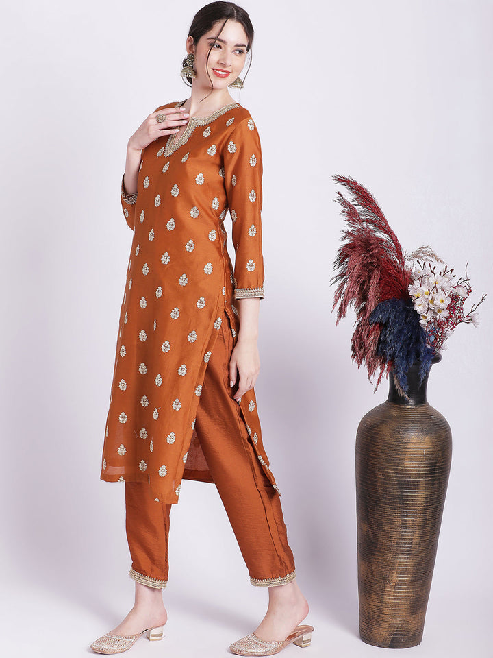 anokherang Combos Rust Elite Straight Silk Kurti with Straight Pants