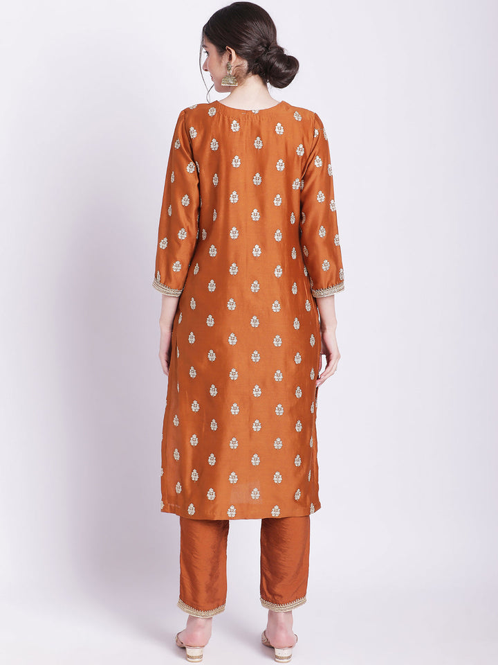 anokherang Combos Rust Elite Straight Silk Kurti with Straight Pants