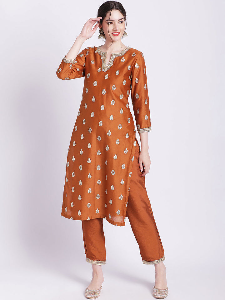anokherang Combos Rust Elite Straight Silk Kurti with Straight Pants