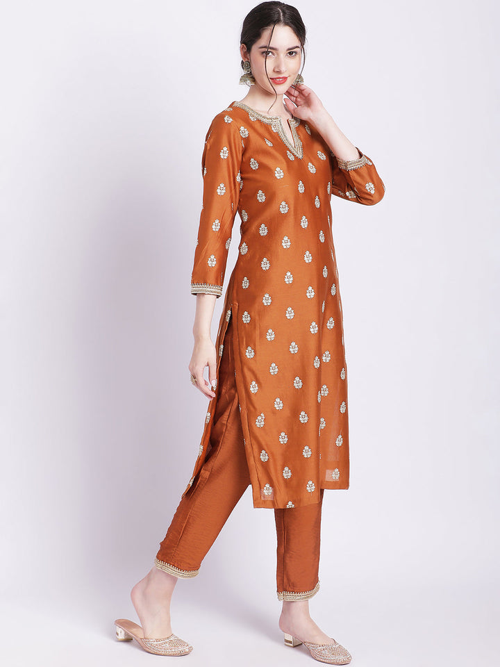 anokherang Combos Rust Elite Straight Silk Kurti with Straight Pants