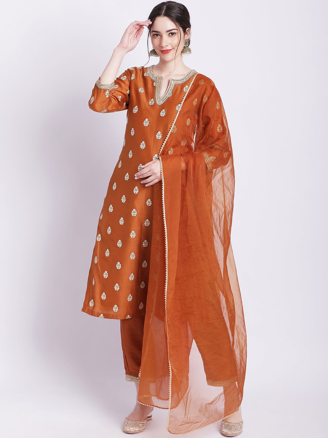 Orange Muslin Silk Neck Embroidered Kurti Pant Set – Meena Bazaar