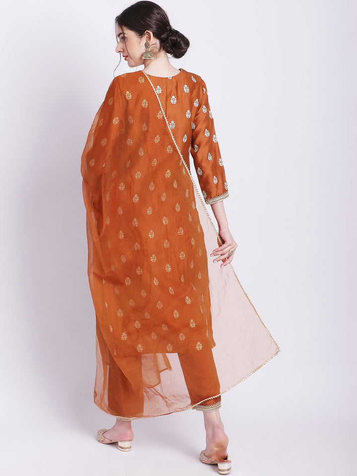 anokherang Combos Rust Elite Straight Silk Kurti with Straight Pants and Dupatta